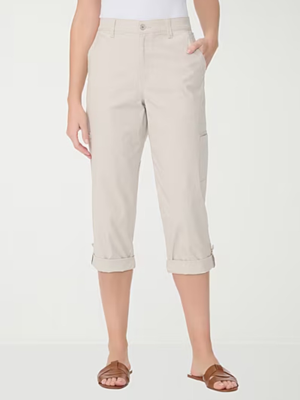 Gloria Vanderbilt Cropped Cuff Utility Capri Slimming Stretch Mid Rise Beige